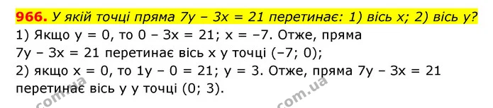 966. У якій точці пряма 7y – 3x = 21 перетинає: 1) вісь x; 2) вісь y? — ГДЗ Алгебра 7 клас Мерзляк, Полонський 2015