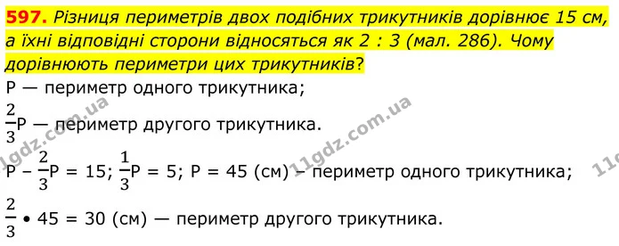 597. Різниця периметрів двох подібних трикутників дорівнює 15 см, а їхні відповідні сторони відносяться як 2 : 3 (мал. 286). Чому — ГДЗ Геометрія 8 клас Бурда