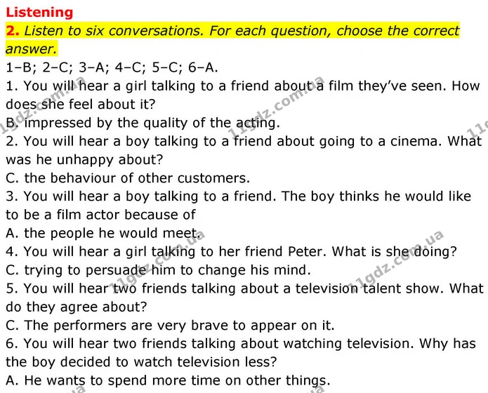 2. Listen to six conversations. For each question, choose the correct answer. — ГДЗ робочий зошит Англійська мова 8 клас Гарет Джонс 2025