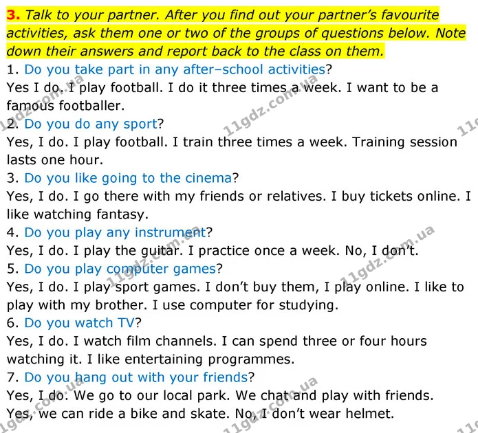 3. Talk to your partner. After you find out your partner’s favourite activities, ask them one or two of the groups of questions below — ГДЗ Англійська мова 6 клас Карпюк 2023