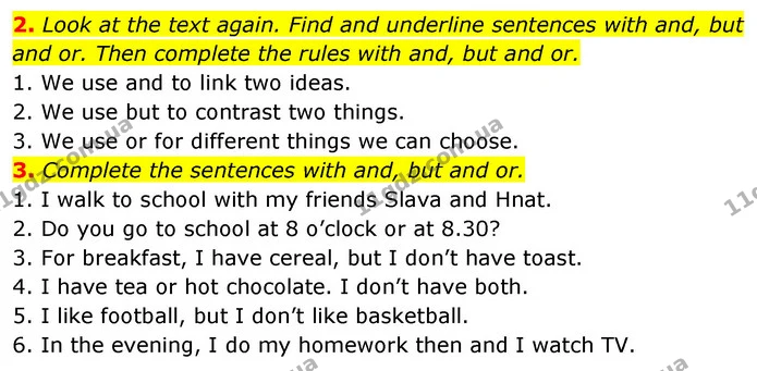 2. Look at the text again. Find and underline sentences with and, but and or. Then complete the rules with and, but and or. — ГДЗ робочий зошит Англійська мова 6 клас Prepare