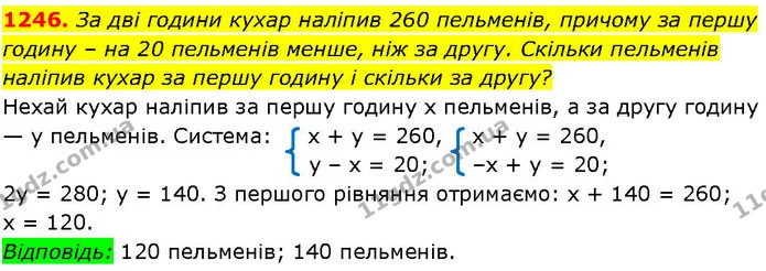 1246. За дві години кухар наліпив 260 пельменів, причому за першу годину – на 20 пельменів менше, ніж за другу. Скільки пельменів — ГДЗ Алгебра 7 клас Істер 2024