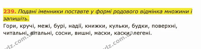 239. Подані іменники поставте у формі родового відмінка множини і запишіть. — ГДЗ Українська мова 6 клас Глазова