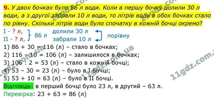 9. У двох бочках було 86 л води. Коли в першу бочку долили 30 л води, а з другої забрали 10 л води, то літрів води в обох бочках стало — ГДЗ Математика 4 клас Логачевська 1-2 ч. 2021