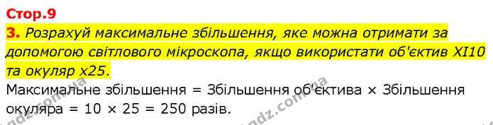 3. Розрахуй максимальне збільшення, яке можна отримати за допомогою світлового мікроскопа, якщо використати об'єктив ХІ10 та окуляр — ГДЗ робочий зошит Біологія 7 клас Тагліна