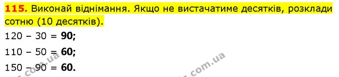 115. Виконай віднімання. Якщо не вистачатиме десятків, розклади сотню (10 десятків). — ГДЗ Математика 3 клас Будна 1-2 ч.