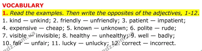 1. Read the examples. Then write the opposites of the adjectives, 1–12. — ГДЗ Англійська мова 8 клас Стайрінг (Prepare)