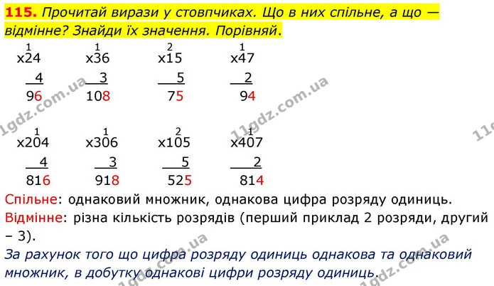 115. Прочитай вирази у стовпчиках. Що в них спільне, а що — відмінне? Знайди їх значення. Порівняй. — ГДЗ Математика 4 клас Листопад