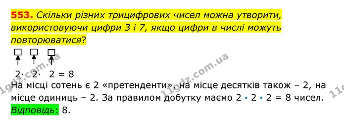 553. Скільки різних трицифрових чисел можна утворити, використовуючи цифри З і 7, якщо цифри в числі можуть повторюватися? — ГДЗ Математика 6 клас Істер 2023 1-2 ч.