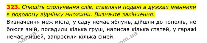 323. Спишіть сполучення слів, ставлячи подані в дужках іменники в родовому відмінку множини. Визначте закінчення. — ГДЗ Українська мова 6 клас Заболотний 2023