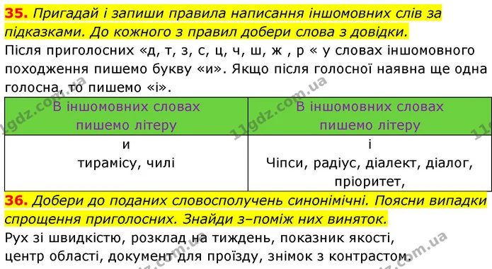35. Пригадай і запиши правила написання іншомовних слів за підказками. До кожного з правил добери слова з довідки. — ГДЗ Українська мова 6 клас Онатій