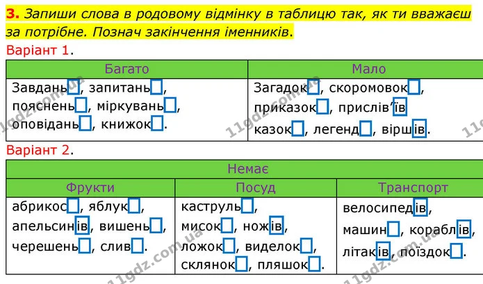 3. Запиши слова в родовому відмінку в таблицю так, як ти вважаєш за потрібне. Познач закінчення іменників. — ГДЗ Робочий зошит Українська мова 4 клас Большакова