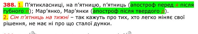 388. 1. П’ятикласниці, на п’ятницю, п’ятниць (апостроф перед я після губного п); Мар’янко, Мар’янки (апостроф після твердого р). — ГДЗ Українська мова 5 клас Єрмоленко 2018