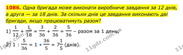 1086. Одна бригада може виконати виробниче завдання за 12 днів, а друга — за 18 днів. За скільки днів це завдання виконають дві — ГДЗ Математика 6 клас Бевз 1-2 ч.