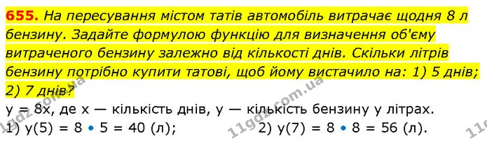 655. На пересування містом татів автомобіль витрачає щодня 8 л бензину. Задайте формулою функцію для визначення об'єму витраченого — ГДЗ Алгебра 7 клас Тарасенкова 2024