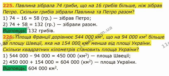 225. Павлина зібрала 74 гриби, що на 16 грибів більше, ніж зібрав Петро. Скільки грибів зібрали Павлина та Петро разом? — ГДЗ Математика 5 клас Мерзляк