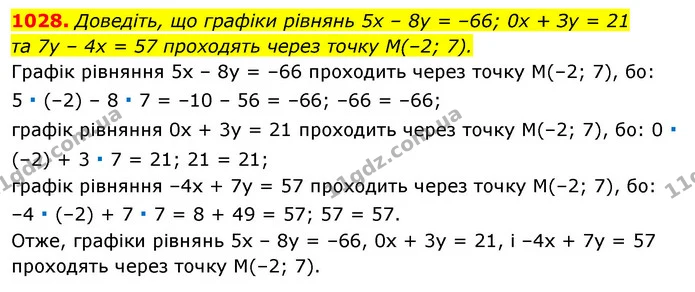 1028. Доведіть, що графіки рівнянь 5х – 8у = –66; 0x + Зу = 21 — ГДЗ Алгебра 7 клас Істер 2020
