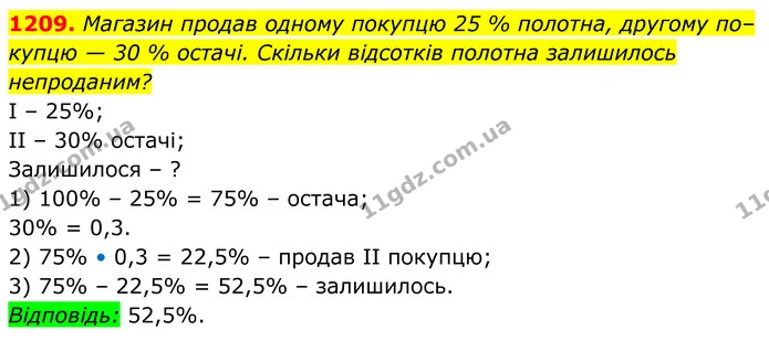 1209. Магазин продав одному покупцю 25 % полотна, другому по– — ГДЗ Алгебра 7 клас Бевз