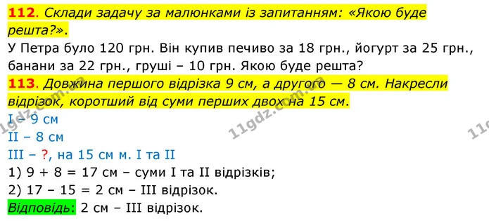 112. Склади задачу за малюнками із запитанням: «Якою буде решта?». — ГДЗ Математика 3 клас Бевз 1 частина