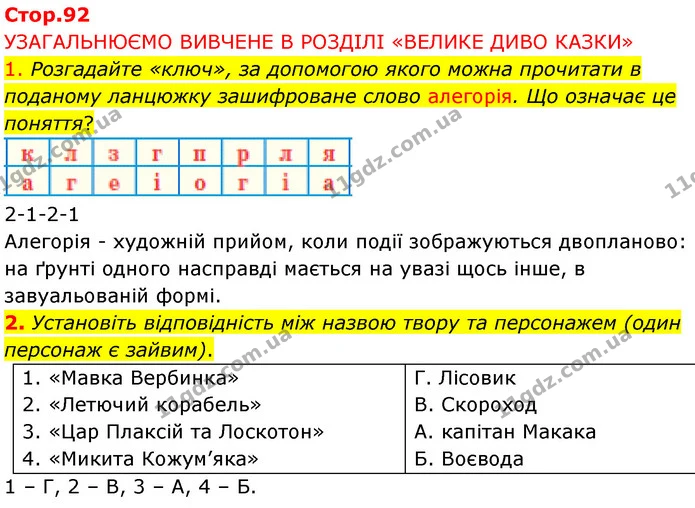 1. Розгадайте «ключ», за допомогою якого можна прочитати в поданому ланцюжку зашифроване слово алегорія. Що означає це поняття? — ГДЗ Українська література 5 клас Заболотний