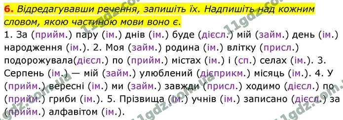6. Відредагувавши речення, запишіть їх. Надпишіть над кожним словом, якою частиною мови воно є. — ГДЗ Українська мова 9 клас Авраменко 2026