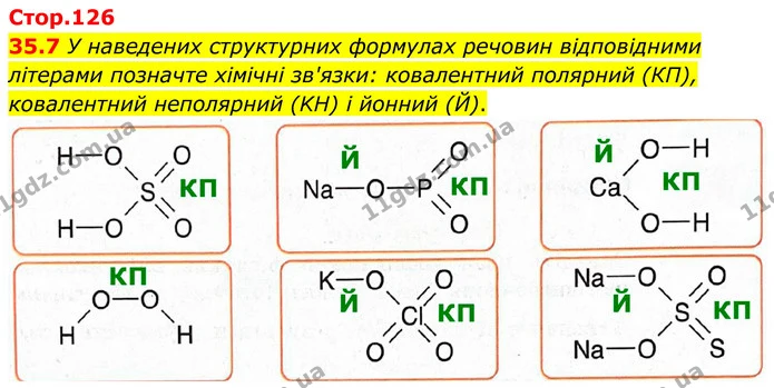 35.7 У наведених структурних формулах речовин відповідними літерами позначте хімічні зв'язки: ковалентний полярний (КП), ковалентний — ГДЗ Робочий зошит Хімія 8 клас Григорович