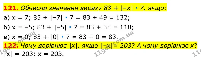121. Обчисли значення виразу 83 + |–х| · 7, якщо: — ГДЗ Математика 6 клас Бевз 1-2 ч.