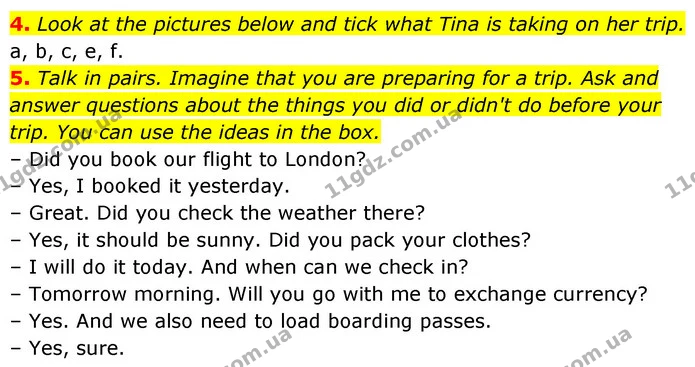 4. Look at the pictures below and tick what Tina is taking on her trip. — ГДЗ Англійська мова 6 клас Мітчелл