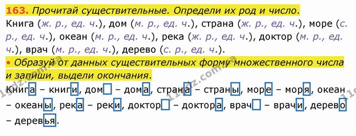 163. Прочитай существительные. Определи их род и число. — ГДЗ Русский язык и чтение 4 класс Лапшина 1 ч.