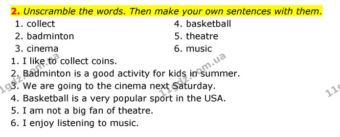 2. Unscramble the words. Then make your own sentences with them. — ГДЗ Робочий зошит Англійська мова 5 клас Карпюк
