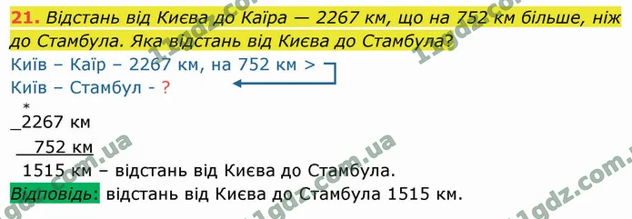 21. Відстань від Києва до Каїра — 2267 км, що на 752 км більше, ніж до Стамбула. Яка відстань від Києва до Стамбула? — ГДЗ Математика 4 клас Логачевська 1-2 ч. 2021