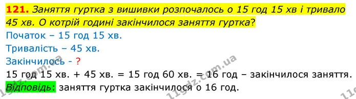 121. Заняття гуртка з вишивки розпочалось о 15 год 15 хв і тривало 45 хв. О котрій годині закінчилося заняття гуртка? — ГДЗ Математика 4 клас Листопад