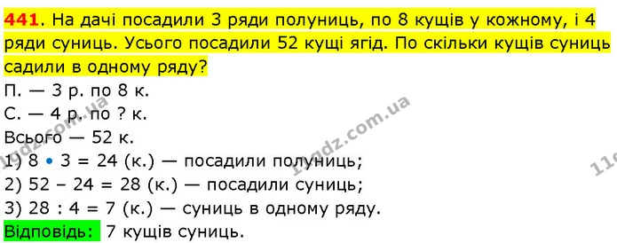 441. На дачі посадили 3 ряди полуниць, по 8 кущів у кожному, і 4 ряди суниць. Усього посадили 52 кущі ягід. По скільки кущів суниць — ГДЗ Математика 3 клас Козак 1-2 ч.