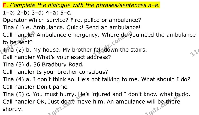 F. Complete the dialogue with the phrases/sentences a–e. — ГДЗ робочий зошит Англійська мова 7 клас Мітчелл