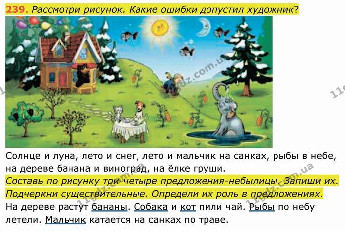239. Рассмотри рисунок. Какие ошибки допустил художник? — ГДЗ Русский язык и чтение 3 класс Лапшина