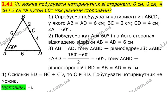 2.41 Чи можна побудувати чотирикутник зі сторонами 6 см, 6 см, 4 см і 2 см та кутом 60° між рівними сторонами? — ГДЗ Геометрія 8 клас Істер