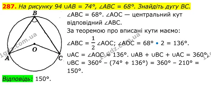 287. На рисунку 94 ∪AB = 74°, ∠ABC = 68°. Знайдіть дугу BC. — ГДЗ Геометрія 8 клас Мерзляк