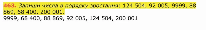 463. Запиши числа в порядку зростання: 124 504, 92 005, 9999, 88 869, 68 400, 200 001. — ГДЗ Математика 4 клас Лишенко 1-2 ч.