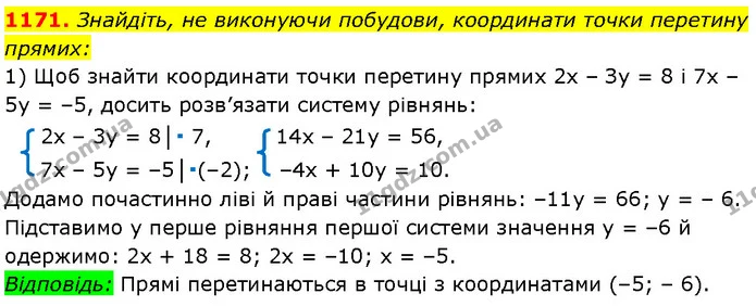 1171. Знайдіть, не виконуючи побудови, координати точки перетину прямих: — Алгебра 7 клас Мерзляк 2024