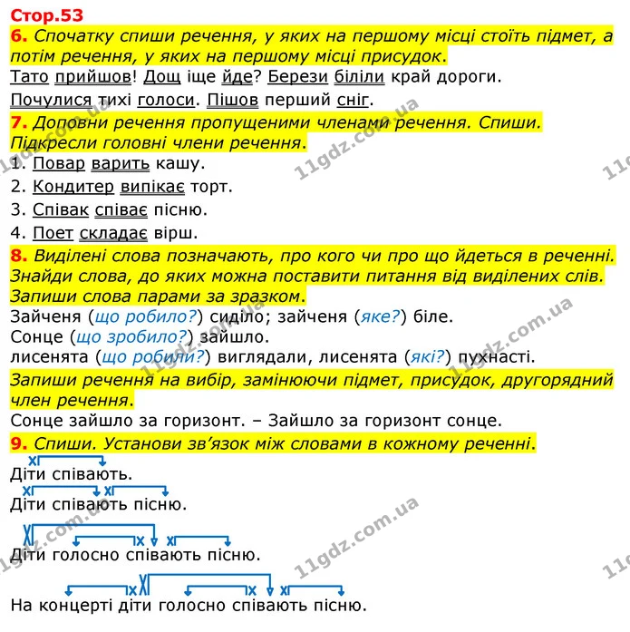 6. Спочатку спиши речення, у яких на першому місці стоїть підмет, а потім речення, у яких на першому місці присудок. — ГДЗ Робочий зошит Українська мова та читання 3 клас Большакова