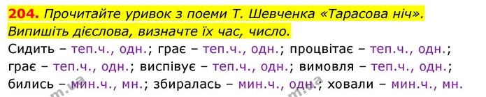 204. Прочитайте уривок з поеми Т. Шевченка «Тарасова ніч». Випишіть дієслова, визначте їх час, число. — ГДЗ Відповіді Українська мова 6 клас Єрмоленко