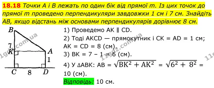 18.18 Точки A і B лежать по один бік від прямої m. Із цих точок до прямої m проведено перпендикуляри завдовжки 1 см і 7 см. Знайдіть — ГДЗ Геометрія 8 клас Істер