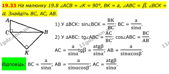 19.33 На малюнку 19.8 ∠ACB = ∠K = 90°, BK = а, ∠ABC = β, ∠BCK = α. Знайдіть BC, AC, AB. — ГДЗ Геометрія 8 клас Істер