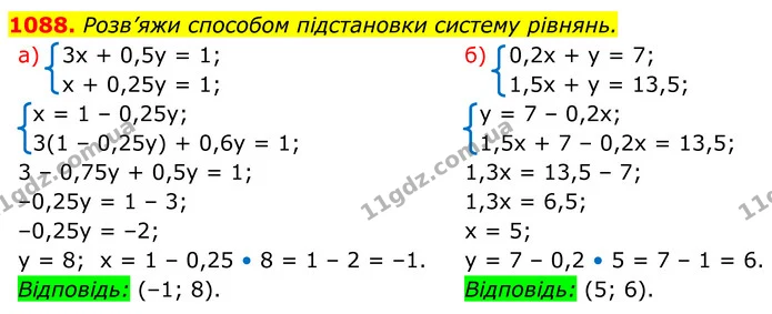 1088. Розв’яжи способом підстановки систему рівнянь. — ГДЗ Алгебра 7 клас Бевз