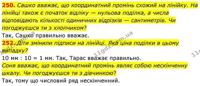 250. Сашко вважає, що координатний промінь схожий на лінійку. На лінійці також є початок відліку — нульова поділка, а числа — ГДЗ Математика 5 клас Скворцова 2022