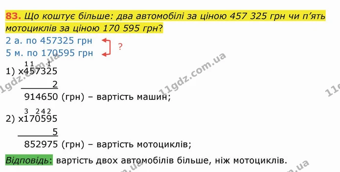 83. Що коштує більше: два автомобілі за ціною 457 325 грн чи п’ять мотоциклів за ціною 170 595 грн? — ГДЗ Математика 4 клас Заїка