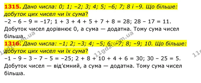 1315. Дано числа: 0; 1; –2; 3; 4; 5; –6; 7; 8 і –9. Що більше: — ГДЗ Математика 6 клас Тарасенкова 2023 1-2 ч.