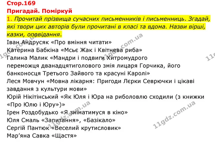 1. Прочитай прізвища сучасних письменників і письменниць. Згадай, які твори цих авторів були прочитані в класі та вдома. Назви вірші — ГДЗ Українська мова 4 клас Ємець