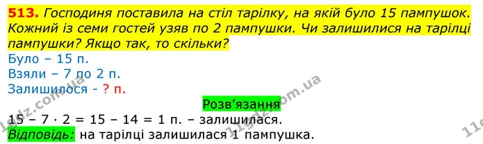 513. Господиня поставила на стіл тарілку, на якій було 15 пампушок. Кожний із семи гостей узяв по 2 пампушки. Чи залишилися на тарілці — ГДЗ Математика 3 клас Листопад 1-2 ч.
