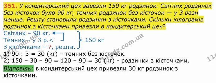 351. У кондитерський цех завезли 150 кг родзинок. Світлих родзинок без кісточок було 90 кг, темних родзинок без кісточок — у 3 рази — ГДЗ Математика 4 клас Лишенко 1-2 ч.